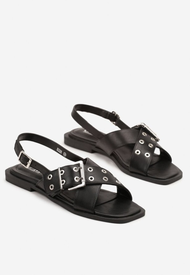 Czarne Sandały z Ozdobnym Paskiem z Klamrą Morimi