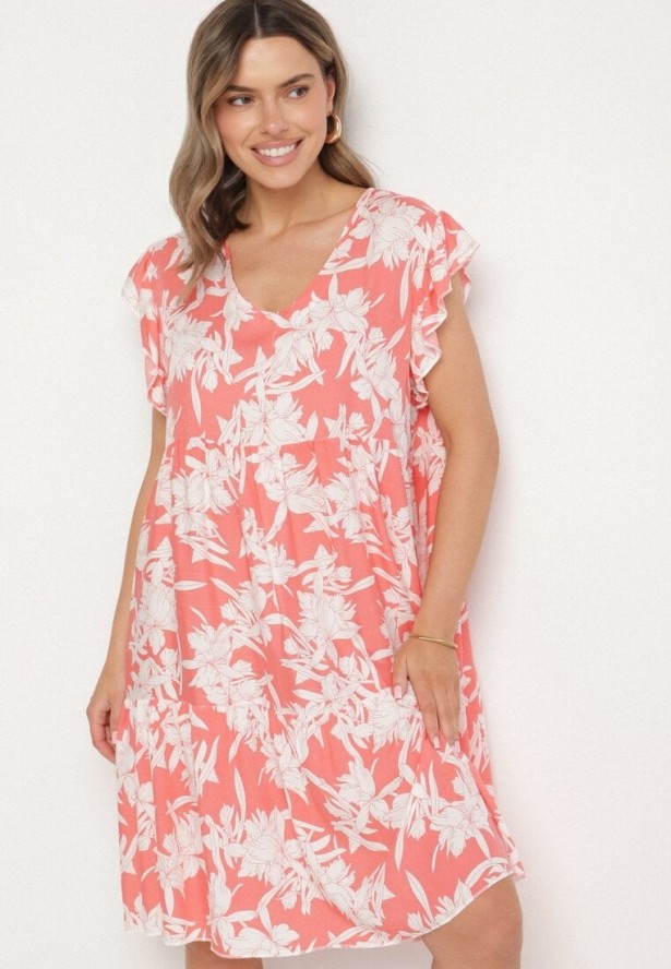 Różowa Bawełniana Sukienka o Rozkloszowanym Kroju w Kwiaty Libella