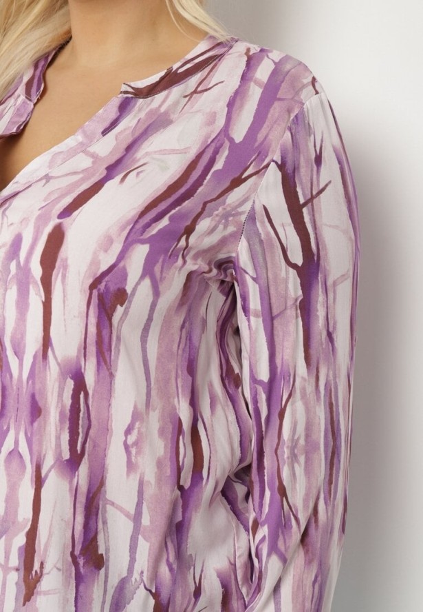Fioletowa Wiskozowa Koszula w Abstrakcyjny Wzór Bez Kołnierzyka Olireria