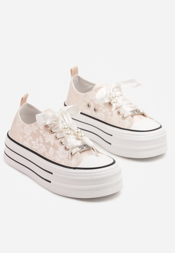 Różowe Trampki na Grubej Podeszwie z Perełkami Korami
