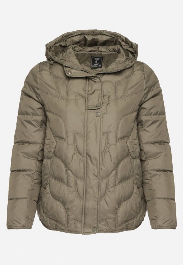 Jasnozielona Pikowana Kurtka Przejściowa o Klasycznym Kroju z Kapturem Tavitte