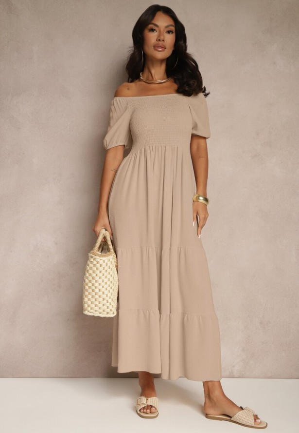 Beżowa Sukienka Hiszpanka z Marszczoną Górą Lumirielle