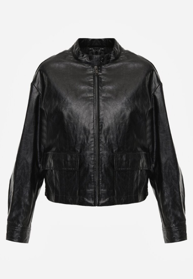 Czarna Kurtka Ramoneska Bomber z Kieszeniami z Klapami Nealira