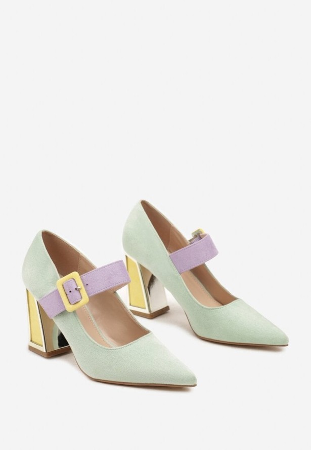 Jasnozielone Czółenka na Obcasie Ozdobione Paskiem ze Sprzączką Enathlin