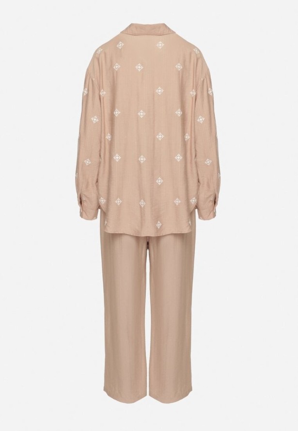 Ciemnobeżowy Komplet z Wiskozy o Kroju Oversize Koszula z Haftem i Spodnie Sadeonna
