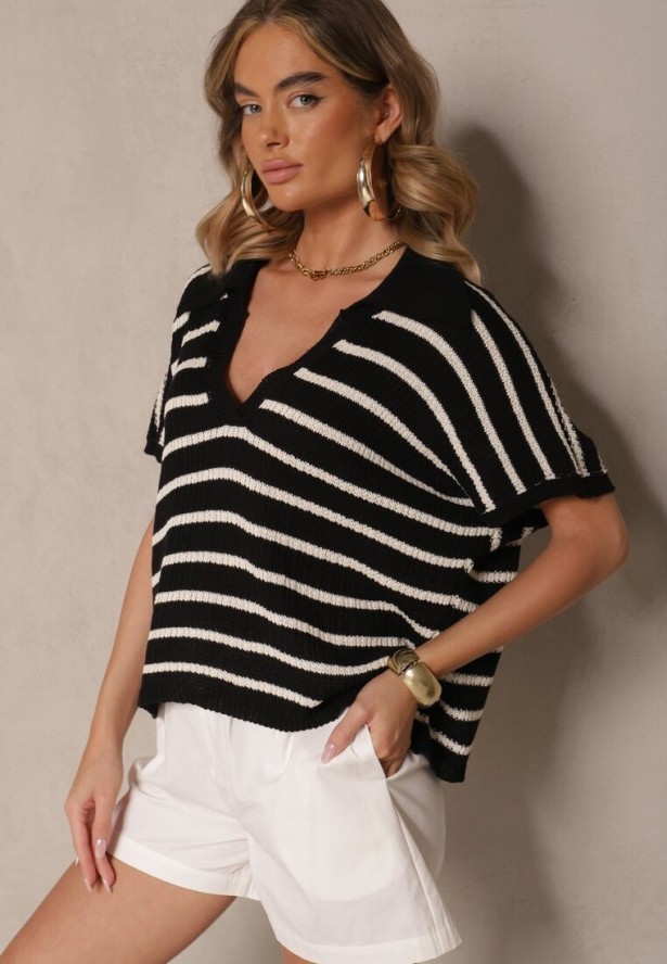 Czarno-Biała Nietoperzowa Bluzka z Kołnierzykiem z Dzianiny z Bawełny Galomea