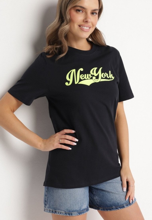 Granatowa Koszulka z Bawełny Ozdobiona Nadrukiem Evalenne