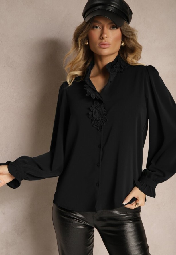 Czarna Koszula Ozdobiona Koronką i Stójką Zeanizia
