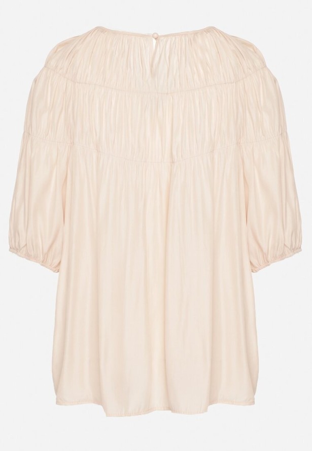 Jasnoróżowa Bluzka z Ozdobnymi Marszczeniami i Rękawami w Gumkę z Wiskozą Wenessa