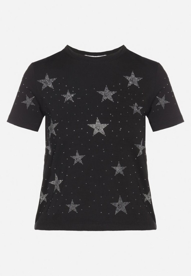 Czarny Bawełniany T-shirt z Cyrkoniowymi Aplikacjami w Gwiazdki Tenivella
