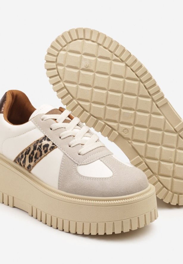 Beżowo-Panterkowe Sneakersy na Grubej Podeszwie z Ozdobnym Paskiem Viviriana