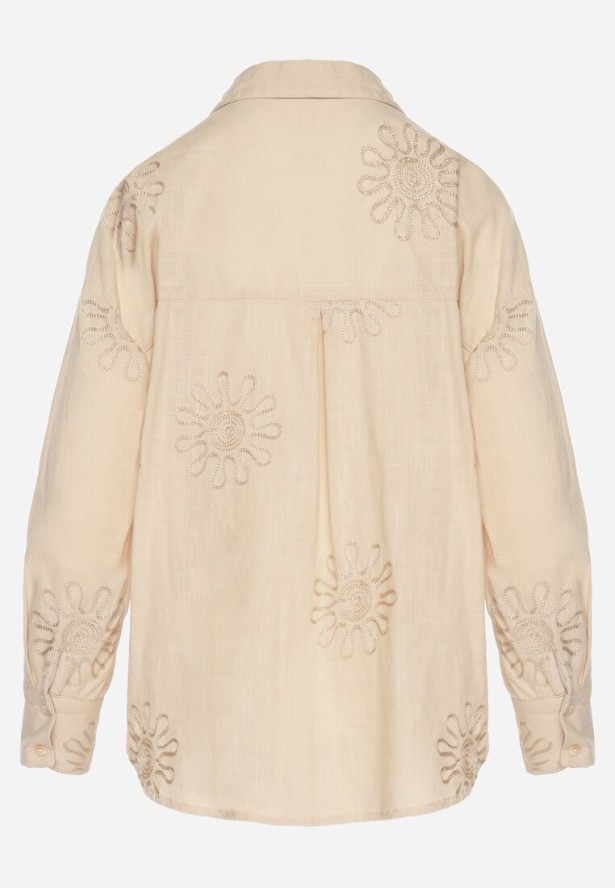 Beżowa Bawełniana Koszula z Lnem Zdobiona Haftem Terkio