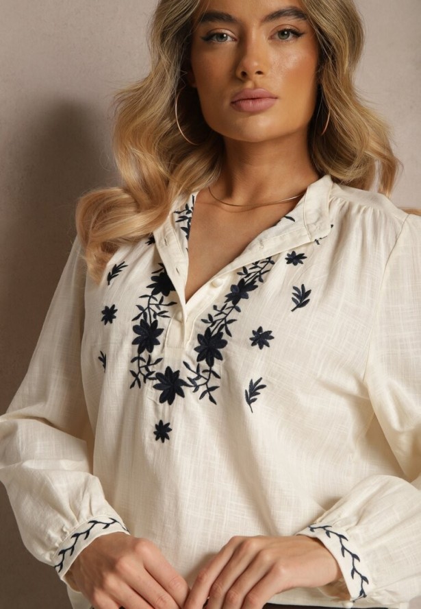 Beżowa Bawełniana Koszula ze Stójką Guzikami i Ozdobnym Haftem Gonnalia