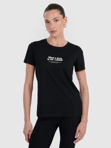 4F T-shirt regular z nadrukiem damski - czarny M