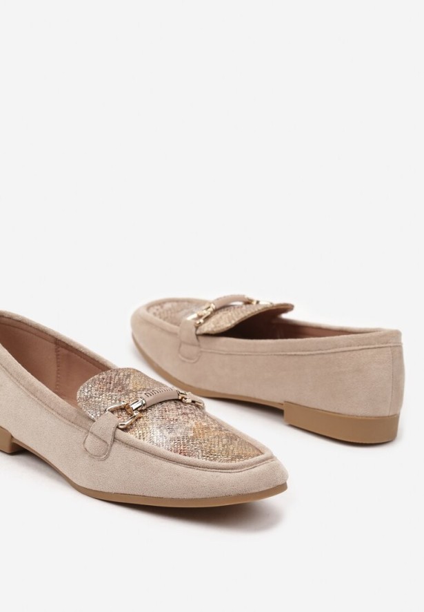 Beżowe Wężowe Mokasyny Loafersy z Klamerką Esseria