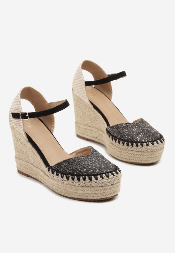 Czarne Sandały Espadryle z Plecionką na Koturnie Weanise