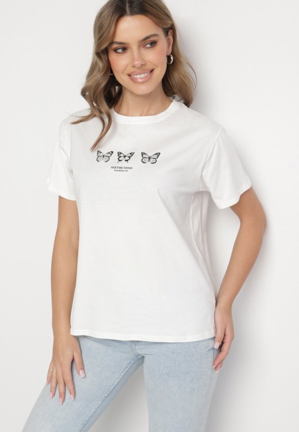 Biała Bluzka Bawełniana Oversize z Krótkim Rękawem i Aplikacją z Motylami Lornil