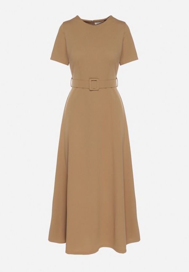 Ciemnobeżowa Rozkloszowana Sukienka Ozdobiona Paskiem Desianna