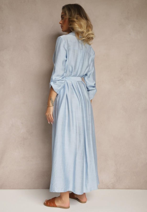 Niebieska Sukienka Koszulowa z Wiskozą Ozdobiona Paskiem Cleonira