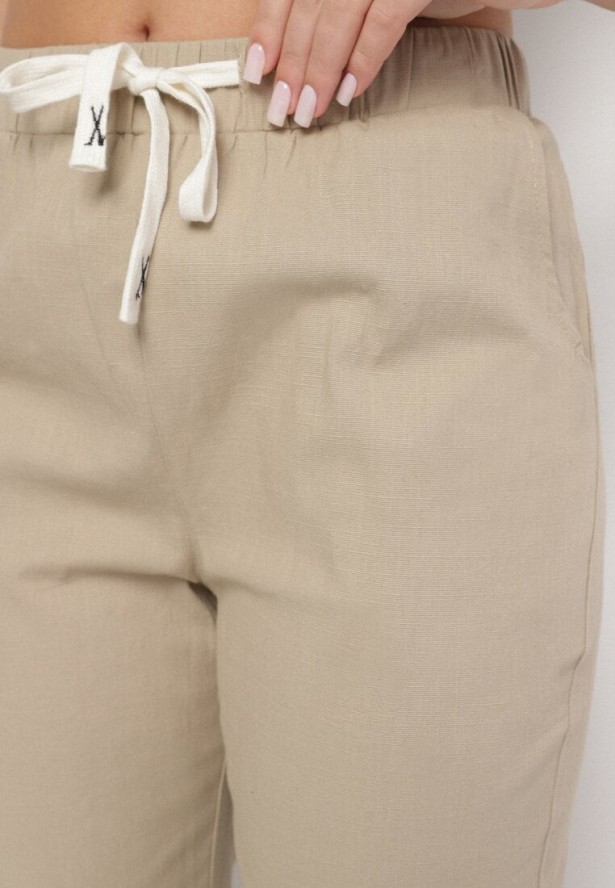 Ciemnobeżowe Spodnie z Bawełny Ozdobione Sznurkami Fenarnia