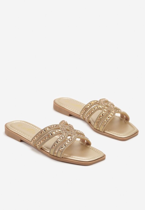 Złote Klapki na Płaskiej Podeszwie z Ozdobnymi Paskami z Cyrkoniami Tenasina