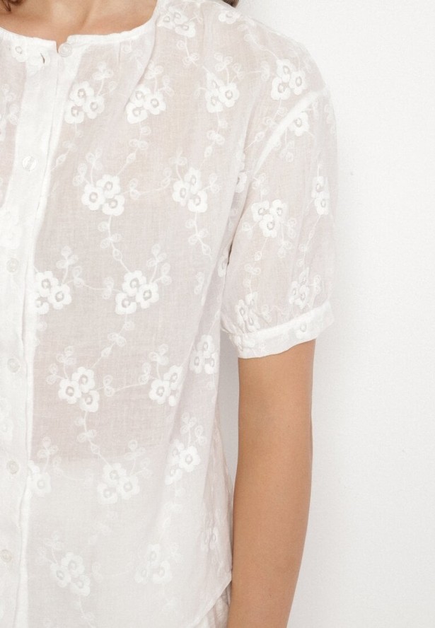 Biała Bawełniana Koszula o Krótkim Kroju z Krótkim Rękawem Zdobiona Haftem Zevaline