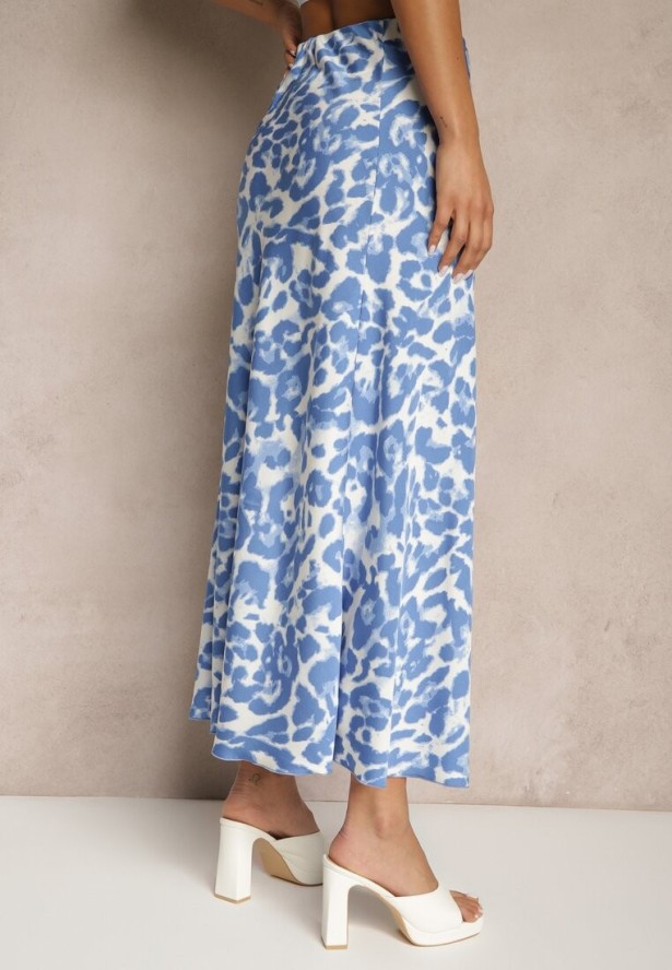 Niebiesko-Beżowa Panterkowa Spódnica z Wiskozy High Waist Fevirellea