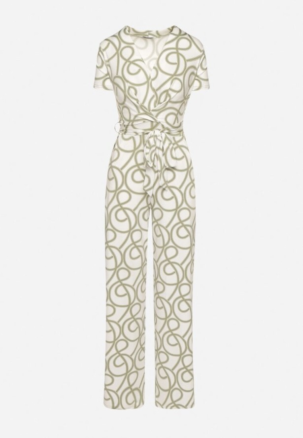 Zielony Kombinezon z Wiskozą o Kopertowym Kroju w Abstrakcyjny Wzór Evivira