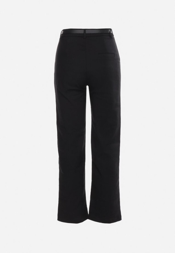 Czarne Klasyczne Spodnie na Suwak i Haftkę Ozdobione Paskiem Liloena