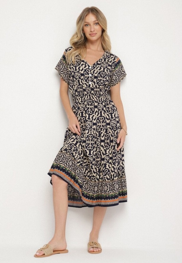 Granatowa Bawełniana Sukienka z Guzikami i Ornamentnym Wzorem Zisselle