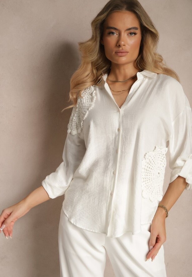 Biała Koszula Oversize z Lnu i Wiskozy Zdobiona Aplikacjami z Kwiatami Varreia
