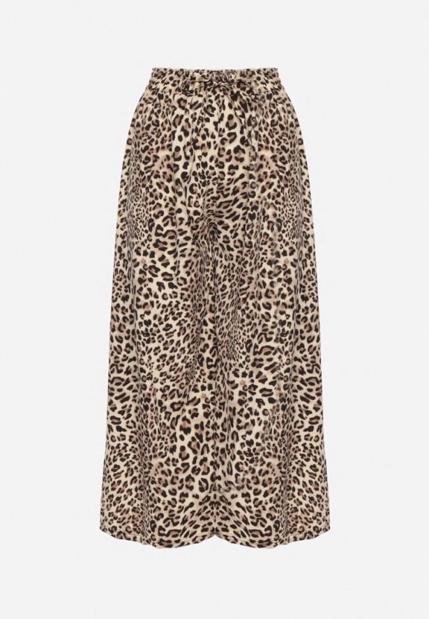 Beżowo-Czarne Spodnie o Szerokim Kroju z Gumką w Talii w Panterkę Filassena