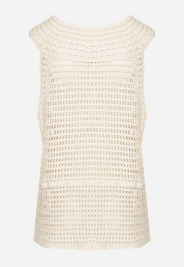 Beżowa Bawełniana Bluzka Oversize z Ażurowej Tkaniny Banirra