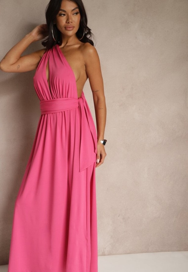 Fuksjowa Sukienka Koktajlowa Multiway z Wiskozą Wiązana na Szyi Lilovea