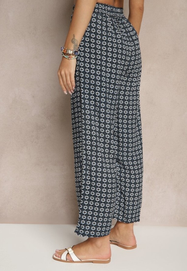 Czarno-Granatowe Spodnie o Szerokim Kroju High Waist z Geometrycznym Wzorem Farisia