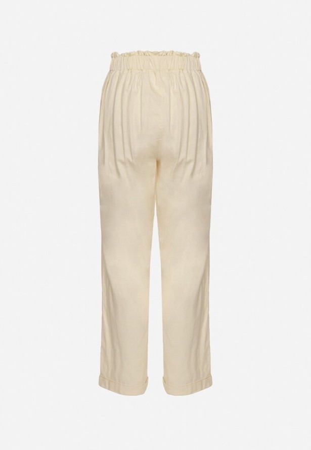 Jasnobeżowe Bawełniane Spodnie z Wysokim Stanem i Ozdobnym Wiązaniem Vilwia