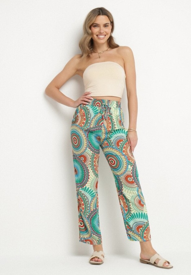 Zielone Bawełniane Spodnie o Szerokim Kroju z Wysokim Stanem ze Wzorem Boho Zarrive