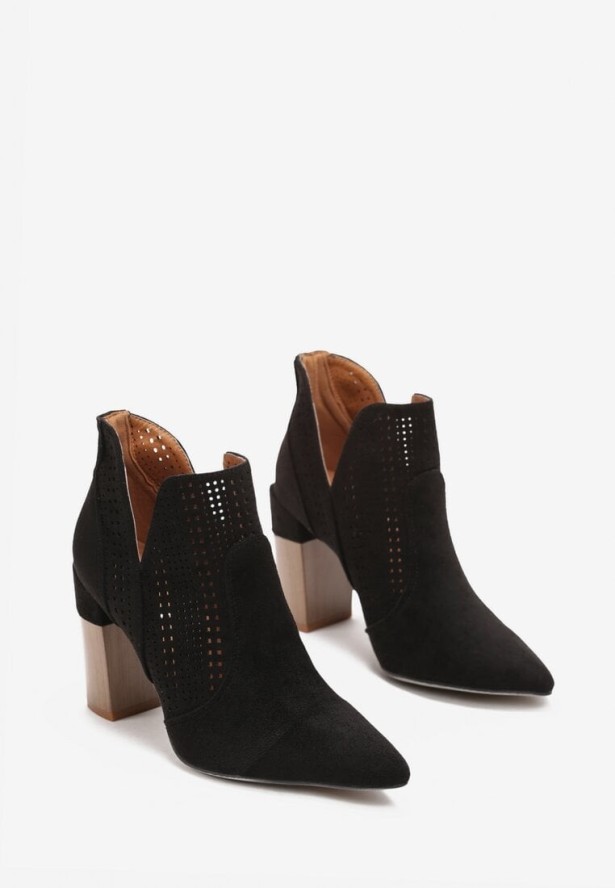 Czarne Botki na Słupku z Ażurową Wstawką Bevitis