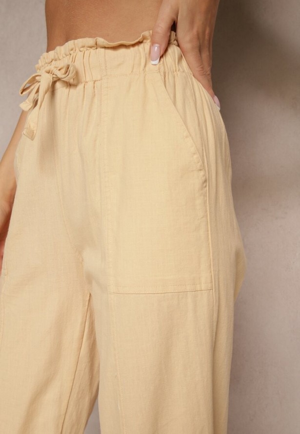 Beżowe Spodnie z Bawełny High Waist z Wiązaniem Tyswia