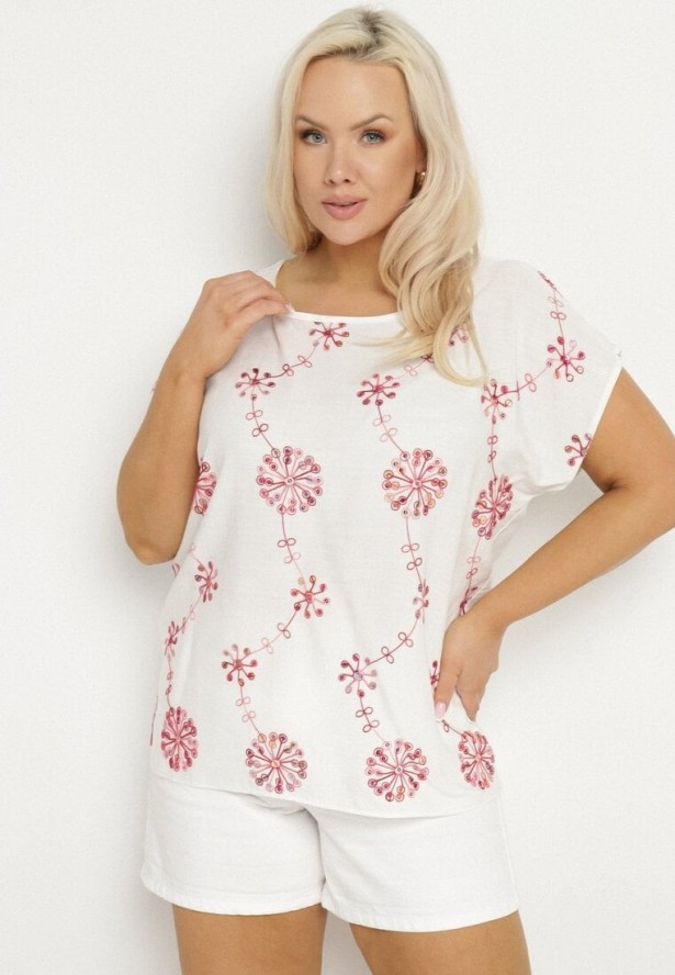 Biała Bluzka z Bawełny Ozdobiona Haftem i Cekinami Mailitte