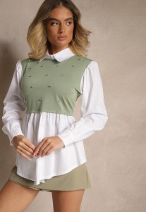 Zielona Koszulowa Bluzka z Wiskozą o Rozkloszowanym Kroju z Wszytą Kamizelką Uliadorella