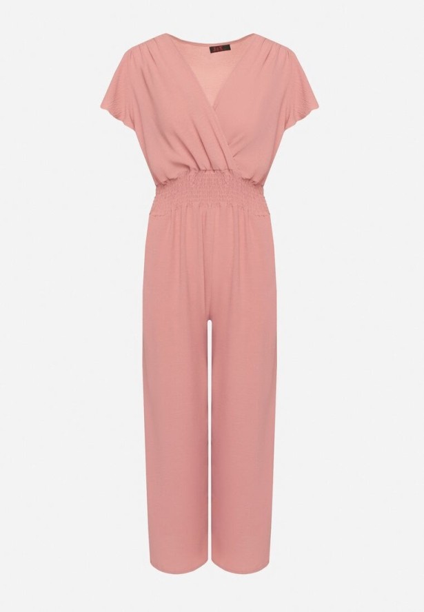 Różowy Kombinezon z Kopertowym Dekoltem i Szeroką Gumką w Pasie Evimevi