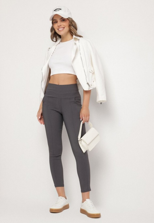 Ciemnoszare Dopasowane Spodnie z Wysokim Stanem Kolaritia