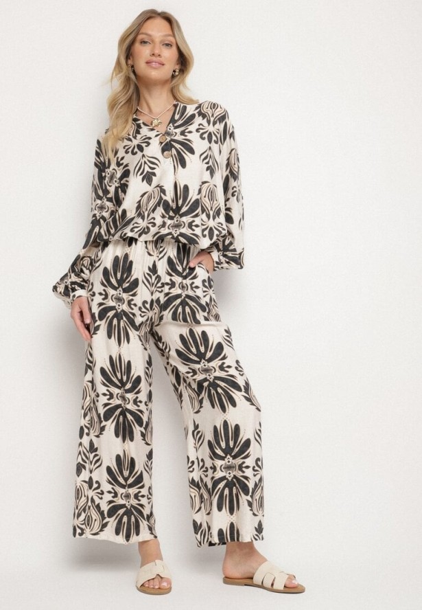 Czarno-Beżowy Komplet z Wiskozą w Etniczny Wzór Długa Koszula i Szerokie Spodnie Rindira