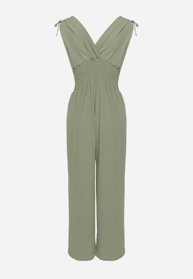 Zielony Kopertowy Kombinezon z Bawełną i Marszczeniami Lunirisa
