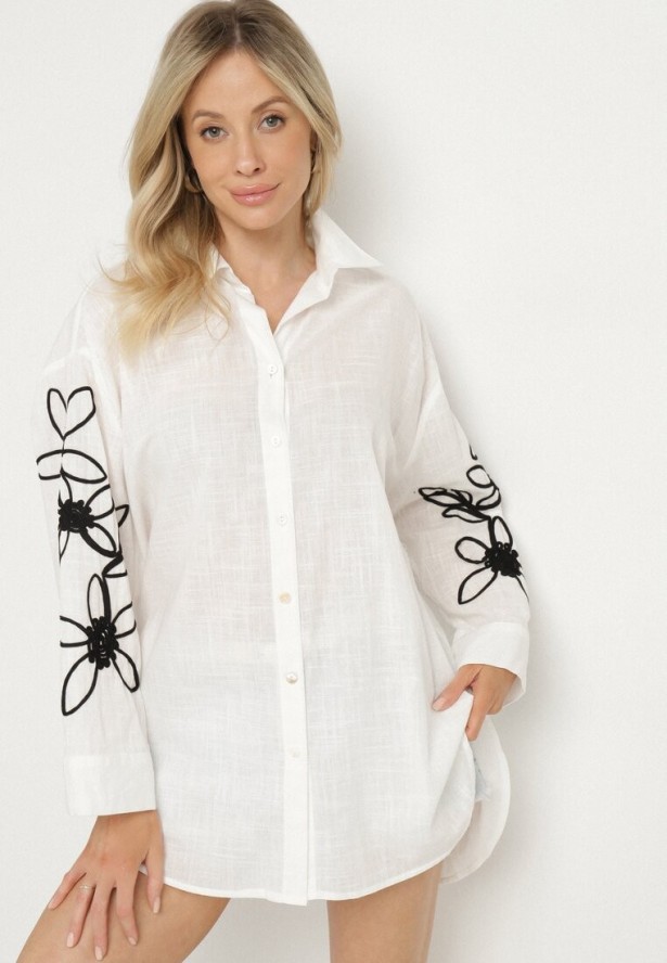 Biała Bawełniana Koszula Oversize z Kwiatowymi Aplikacjami Fadella