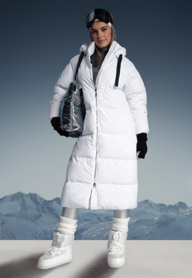 Biała Długa Kurtka Pikowana Płaszcz na Zamek z Kapturem Lesea