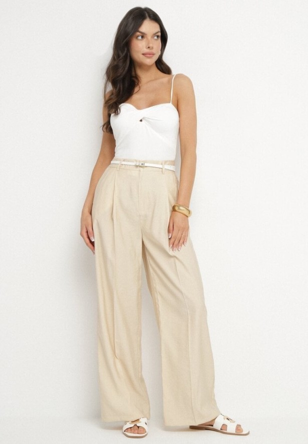 Jasnobeżowe Spodnie o Garniturowym Kroju z Szeroką Nogawką i Wysokim Stanem Efrimera