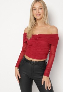Bordowa Siateczkowa Bluzka VICES z Odkrytymi Ramionami Ozdobiona Marszczeniem Tuvita