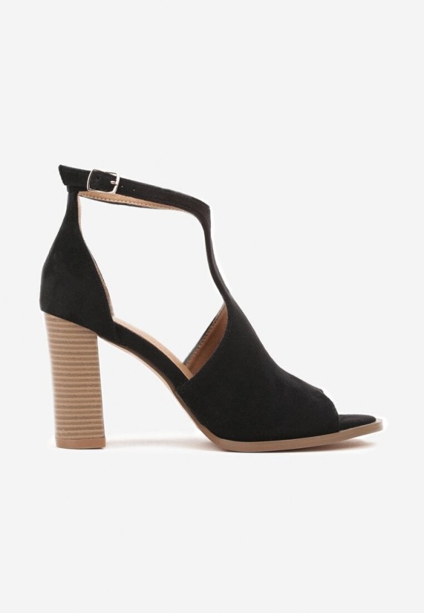 Czarne Sandały na Obcasie Typu Słupek ze Szpiczastym Noskiem i Sprzączką Danowinn